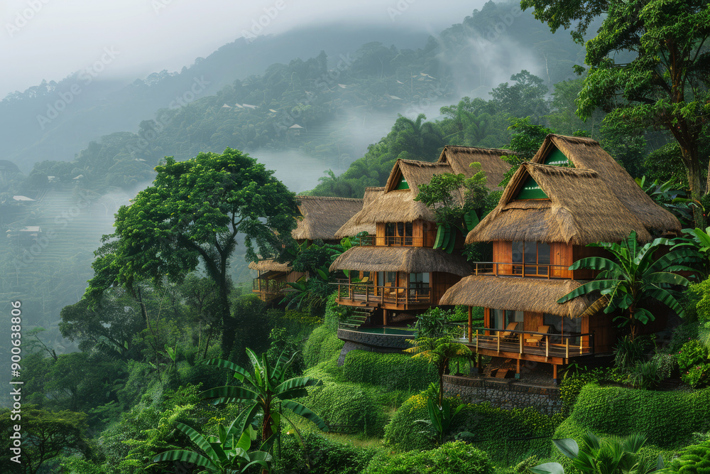 Luxury eco resort embodies sustainable tourism in vibrant tropical foliage, offering travelers a serene escape in nature Luxury eco resort embodies sustainable tourism in vibrant tropical foliage, offering travelers a serene escape in nature