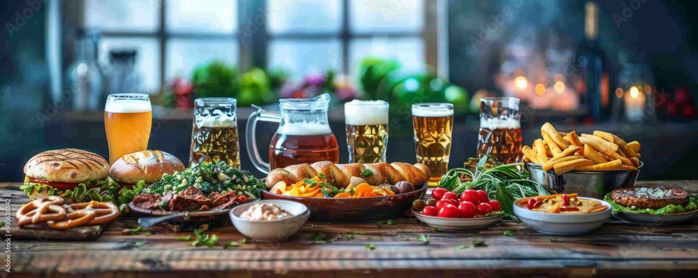 Rustic wooden table set with traditional Bavarian dishes, beer steins, and pretzels at Oktoberfest. Rustic wooden table set with traditional Bavarian dishes, beer steins, and pretzels at Oktoberfest.