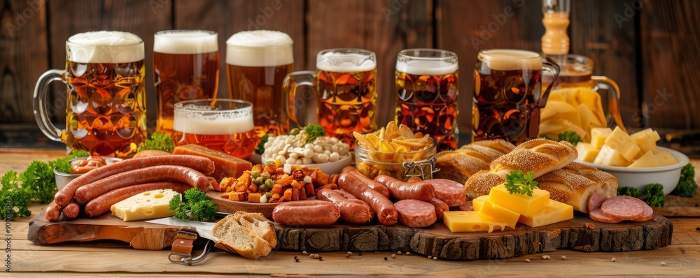 Fototapeta premium Rustic wooden table set with a variety of Bavarian snacks including sausages, cheese, and bread, surrounded by Oktoberfest festival decorations.