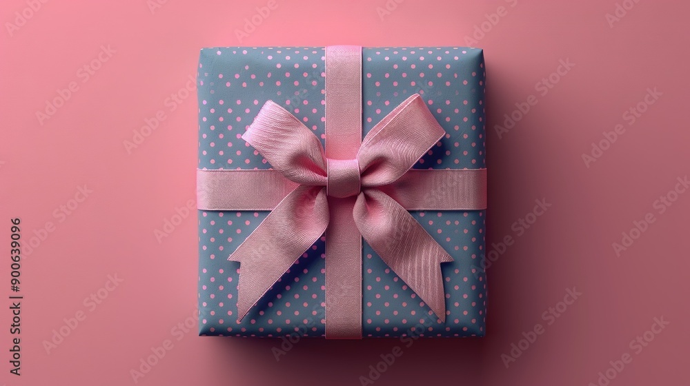 Blue and pink polka dots cover a gift wrapped in paper, topped by a pink bow on a pink backdrop Blue and pink polka dots cover a gift wrapped in paper, topped by a pink bow on a pink backdrop