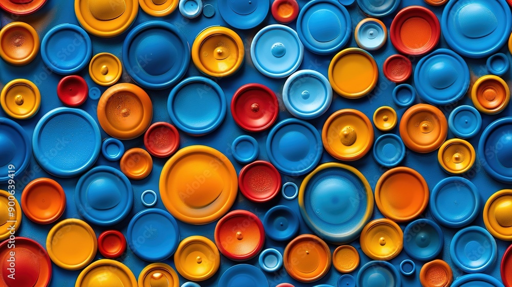 A group of vibrant dishware arranged atop a blue-orange tablecloth adorned with various hues of plates A group of vibrant dishware arranged atop a blue-orange tablecloth adorned with various hues of plates