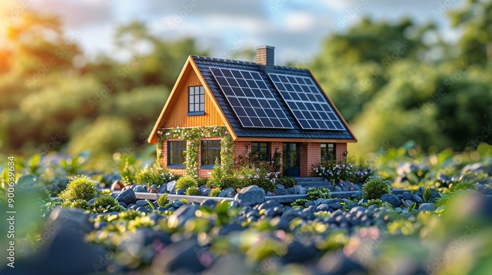 Sustainable Living: Eco-Friendly House with Solar Panels and Green Energy Symbol Sustainable Living: Eco-Friendly House with Solar Panels and Green Energy Symbol