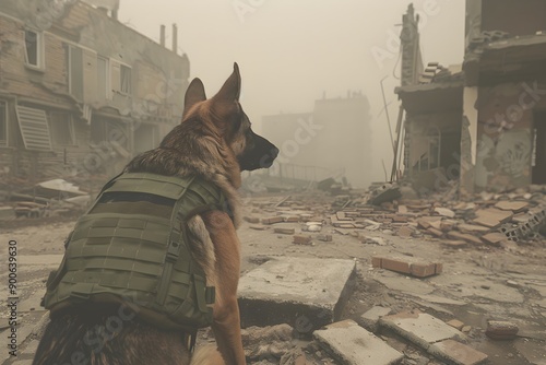 Military working dog wearing uniform and bulletproof vest. Rescue dog looking for injured people in ruins after war or earthquake. Police, guard, security dogs profession. K9 Veterans Day photo