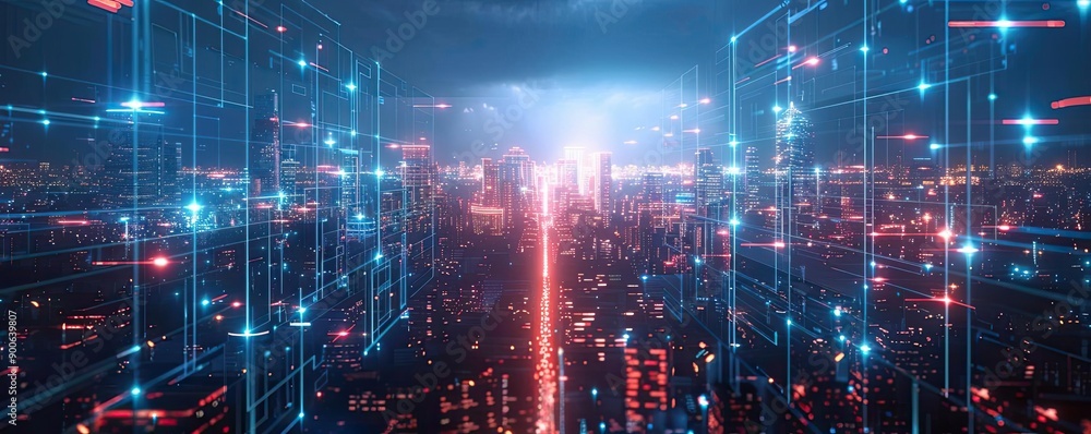 Futuristic cityscape with digital barriers, representing the limitations on international business due to sanctions, sci-fi, 3D render, neon lights, dark ambiance Futuristic cityscape with digital barriers, representing the limitations on international business due to sanctions, sci-fi, 3D render, neon lights, dark ambiance