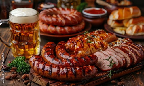 Rustic table set with assorted sausages and a mug of beer at the Oktoberfest festival.