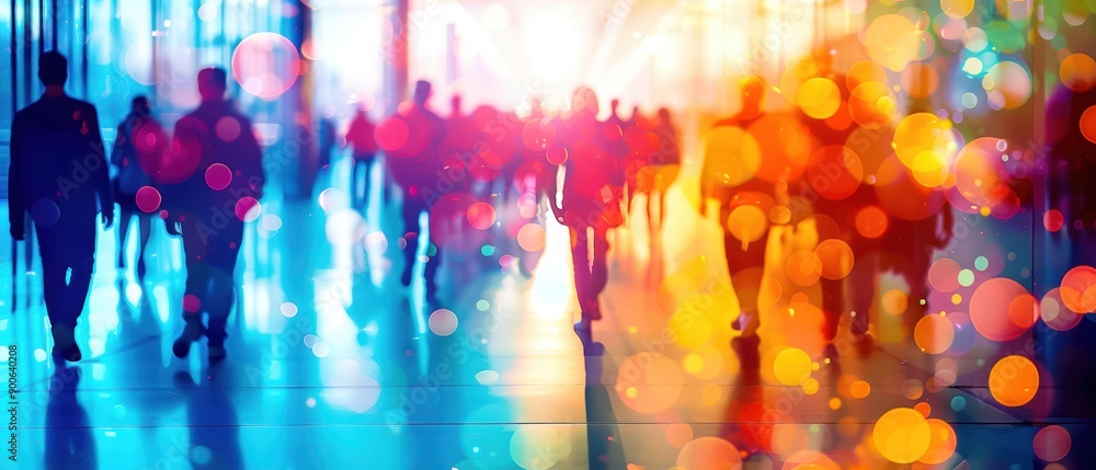 Abstract image of people walking in vibrant city lights, blending colors and creating a dynamic urban atmosphere with a bokeh effect. Abstract image of people walking in vibrant city lights, blending colors and creating a dynamic urban atmosphere with a bokeh effect.