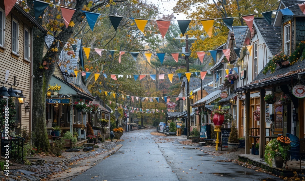 Fototapeta premium Quaint village street decorated with Oktoberfest festival flags.
