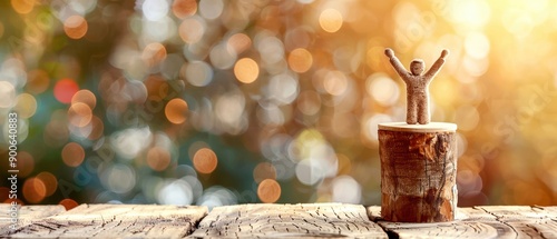 Cozy autumn scene with a warm, festive atmosphere. A miniature happy figurine on a wooden block with blurred bokeh lights in the background.