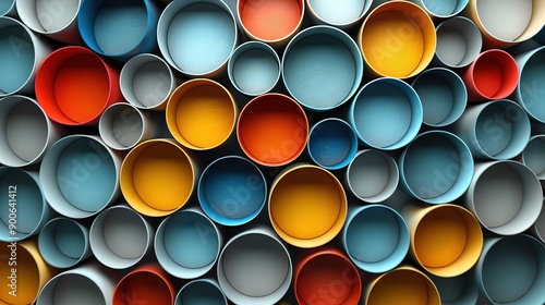  A group of cups in various colors, all the same size and shape, are neatly stacked on top of each other