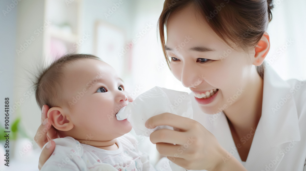 Mother cleaning her baby's face with a soft wipe, highlighting a moment of nurturing and affection Mother cleaning her baby's face with a soft wipe, highlighting a moment of nurturing and affection