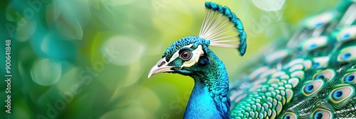 Vibrant close-up of a peacock with lush, colorful plumage against a blurred green background in natural light.