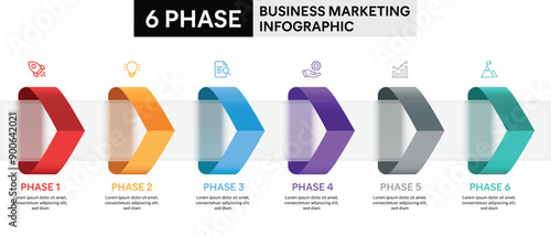 6 Step Arrow Shape Glassmorphism Infographic. Colorful Vector Illustration for Business Financial Report.