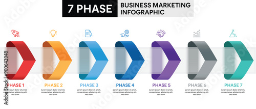 7 Step Arrow Shape Glassmorphism Infographic. Colorful Vector Illustration for Business Financial Report.