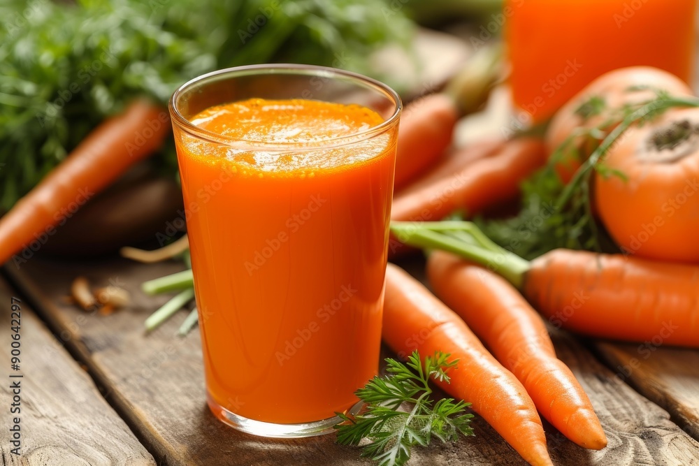 Vibrant carrot juice in a transparent glass placed among whole carrots and greens on a rustic wood surface Vibrant carrot juice in a transparent glass placed among whole carrots and greens on a rustic wood surface