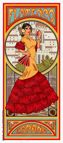 Young Spanish Flamenco girl with wineglass in art nouveau style, vector illustration