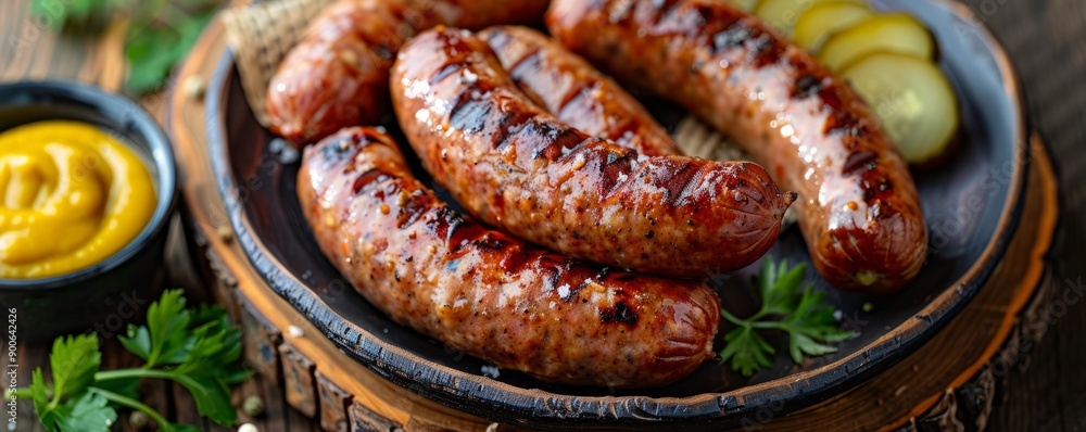 Plate of grilled sausages accompanied by pickles and mustard on a wooden table. Plate of grilled sausages accompanied by pickles and mustard on a wooden table.