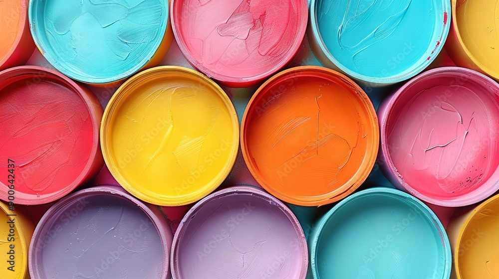 A collection of paint buckets in various hues of pink, blue, yellow, and orange A collection of paint buckets in various hues of pink, blue, yellow, and orange
