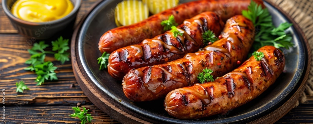 Plate of grilled sausages accompanied by pickles and mustard on a wooden table. Plate of grilled sausages accompanied by pickles and mustard on a wooden table.