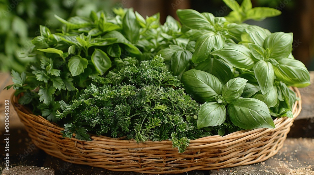 Basket of fresh herbs, perched atop wooden table, in the presence of lush, verdant foliage Basket of fresh herbs, perched atop wooden table, in the presence of lush, verdant foliage