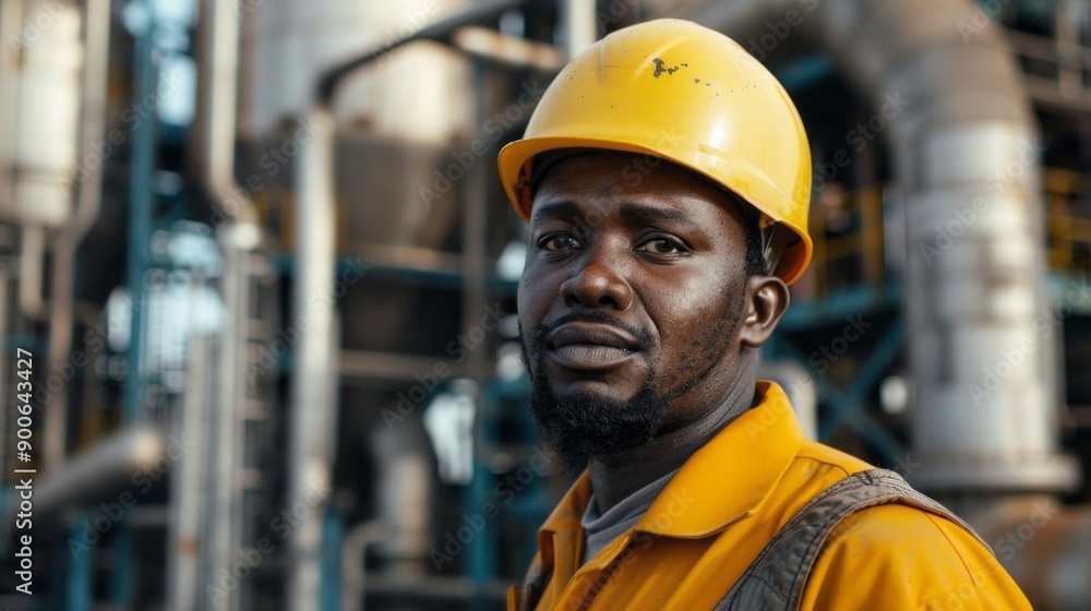 A man in a yellow safety helmet stands in front of a large industrial building A man in a yellow safety helmet stands in front of a large industrial building