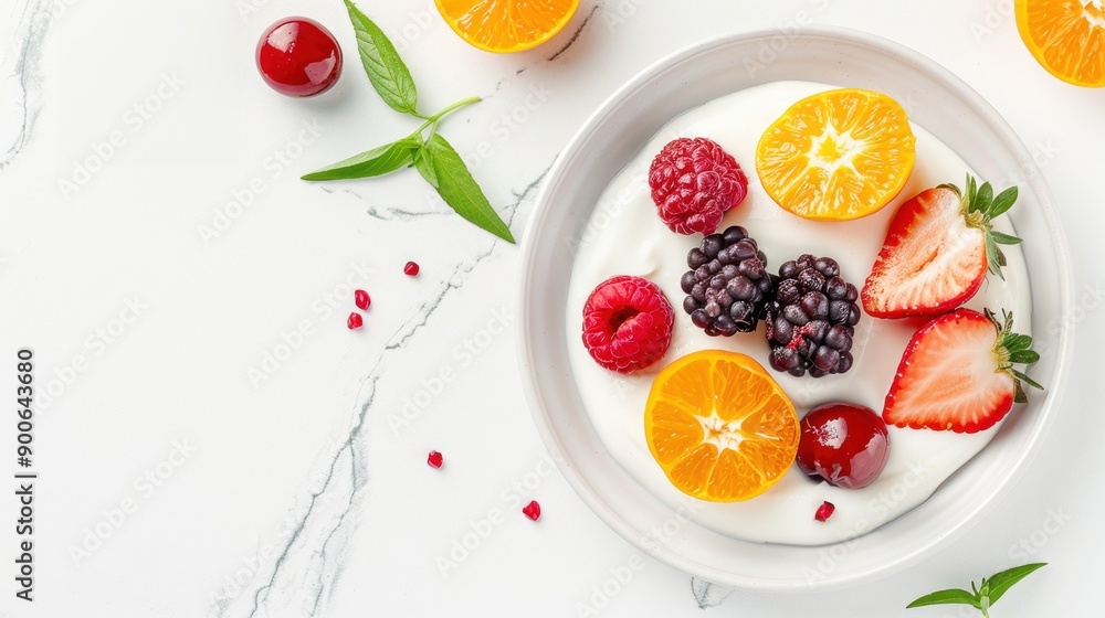 A healthy breakfast bowl with yogurt, fresh fruits, and leaves on a marble surface, showcasing a colorful and nutritious meal. A healthy breakfast bowl with yogurt, fresh fruits, and leaves on a marble surface, showcasing a colorful and nutritious meal.