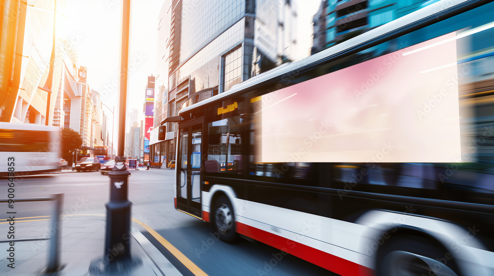 high-quality image featuring an empty poster mockup on the side of a moving bus. high-quality image featuring an empty poster mockup on the side of a moving bus.