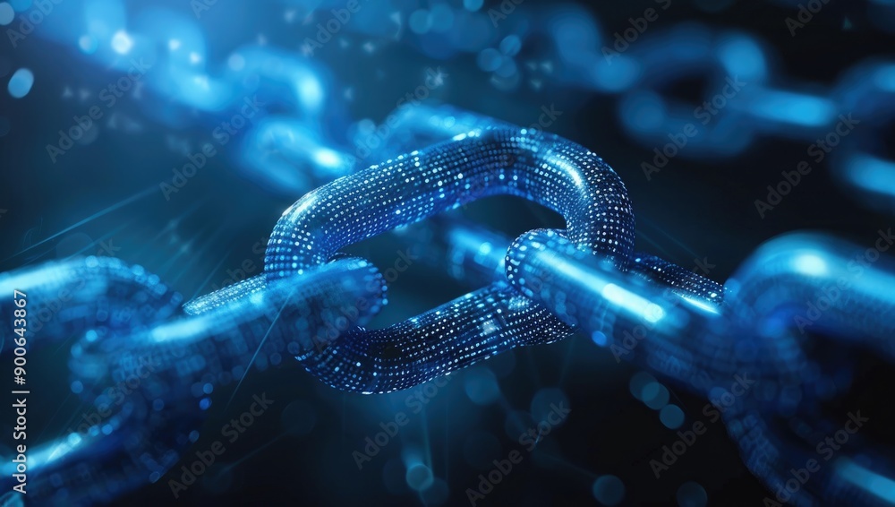 Close up of blue digital chain with connections on dark background, technology concept for blockchain or cyberspace security Close up of blue digital chain with connections on dark background, technology concept for blockchain or cyberspace security