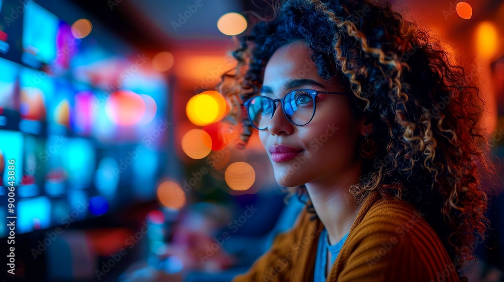 Focused woman with curly hair and glasses works at a computer in a dark room, illuminated by colorful screens in a modern office or studio. Focused woman with curly hair and glasses works at a computer in a dark room, illuminated by colorful screens in a modern office or studio.