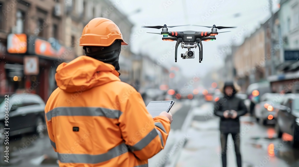 Man in orange safety gear operates a drone while another person observes in a busy city street setting. Man in orange safety gear operates a drone while another person observes in a busy city street setting.