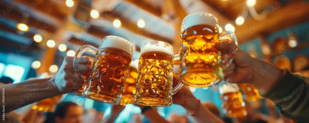 Group of people raising beer steins in a cheerful toast under decorative Oktoberfest lights. Group of people raising beer steins in a cheerful toast under decorative Oktoberfest lights.