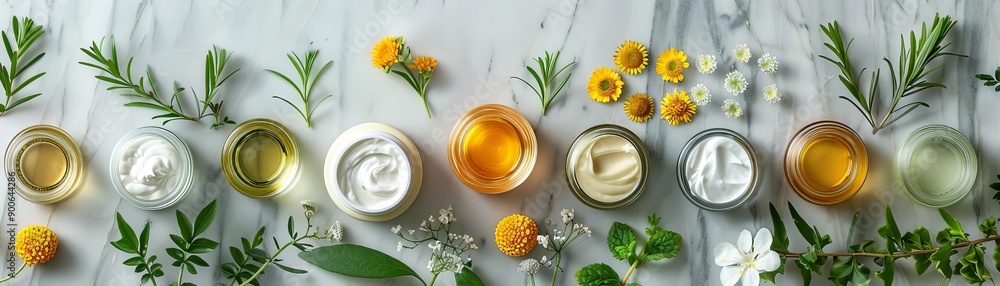 A detailed flat lay of skincare products including organic oils, face masks, and moisturizers, arranged alongside fresh flowers and leaves on a marble surface A detailed flat lay of skincare products including organic oils, face masks, and moisturizers, arranged alongside fresh flowers and leaves on a marble surface
