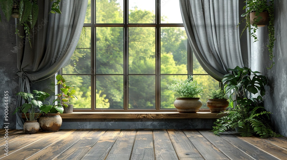 A wooden floor sits in front of the window, while potted plants rest on the sill A wooden floor sits in front of the window, while potted plants rest on the sill