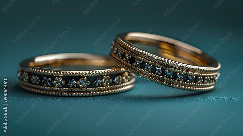 A few wedding rings rest atop a navy table against a turquoise wall, framed by verdant scenery A few wedding rings rest atop a navy table against a turquoise wall, framed by verdant scenery