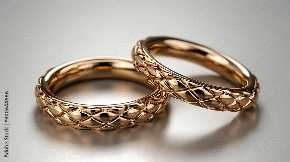 Two gold rings sit side-by-side on a white background with a cast shadow beneath them Two gold rings sit side-by-side on a white background with a cast shadow beneath them