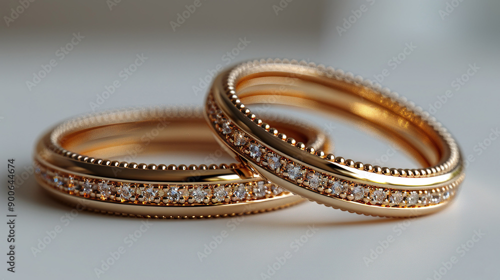 Two gold wedding rings stacked atop a white table, positioned adjacent Two gold wedding rings stacked atop a white table, positioned adjacent