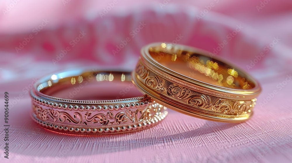 A couple of wedding rings resting atop a pink tablecloth adorned with a pink and white floral pattern A couple of wedding rings resting atop a pink tablecloth adorned with a pink and white floral pattern