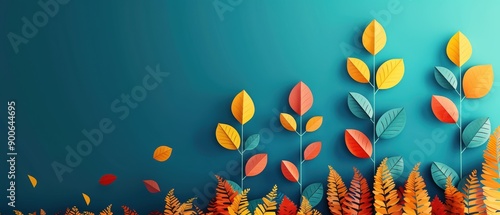 Colorful paper cut foliage art featuring autumn leaves in vibrant hues against a teal backdrop, creating a lively, artistic composition. photo