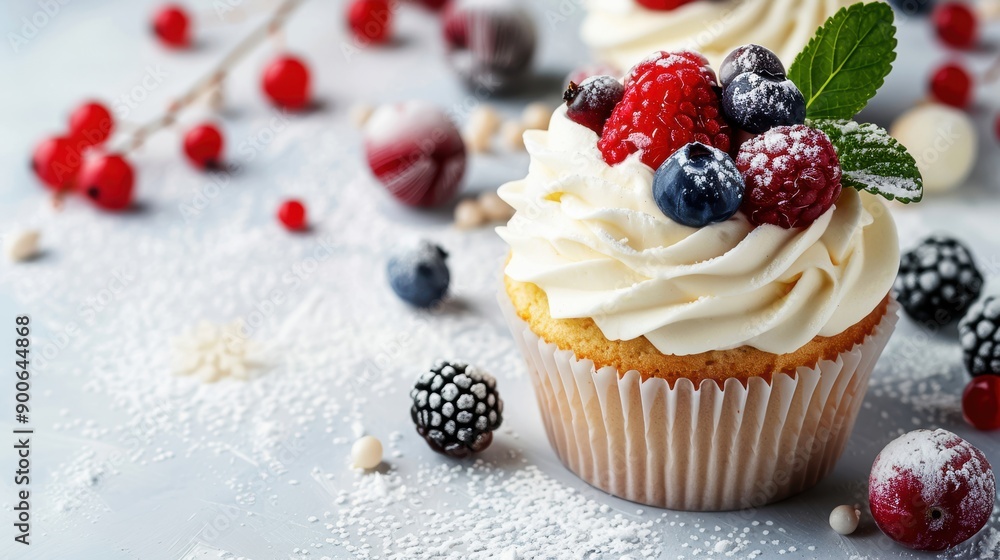 Delicious cupcake topped with fresh berries and mint leaves, perfect for dessert or celebration, set on a light background. Delicious cupcake topped with fresh berries and mint leaves, perfect for dessert or celebration, set on a light background.