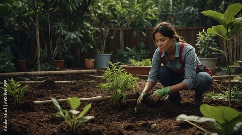 landscape of a woman planting tree in garden