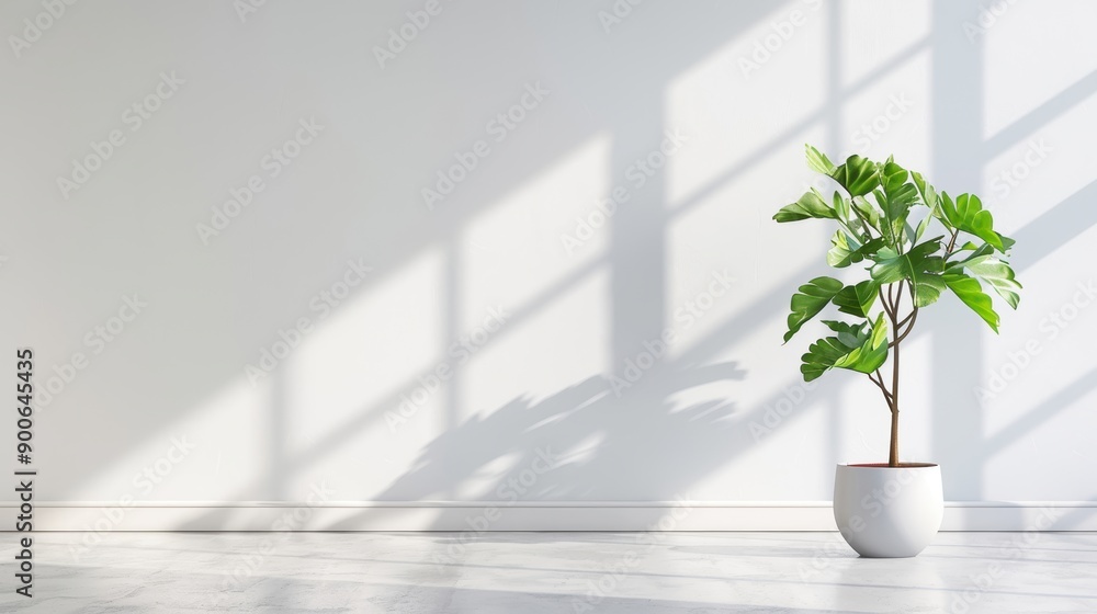 Minimalist interior with potted plant casting natural shadows on a white wall, sunlight creating a serene and peaceful atmosphere. Minimalist interior with potted plant casting natural shadows on a white wall, sunlight creating a serene and peaceful atmosphere.