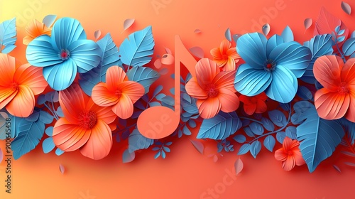   A music note made from paper adorned with flowers and leaves against an orange and blue backdrop, accented by a pink and orange foreground