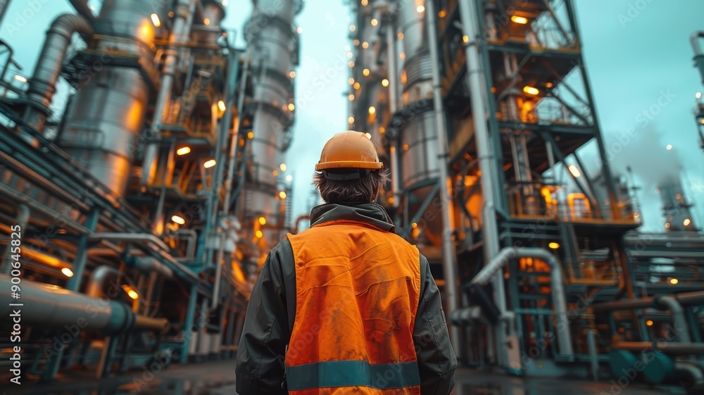 Industrial Worker in Safety Gear Observing Large Oil Refinery Plant at Dusk with Illuminated Structures and Complex Machinery Industrial Worker in Safety Gear Observing Large Oil Refinery Plant at Dusk with Illuminated Structures and Complex Machinery