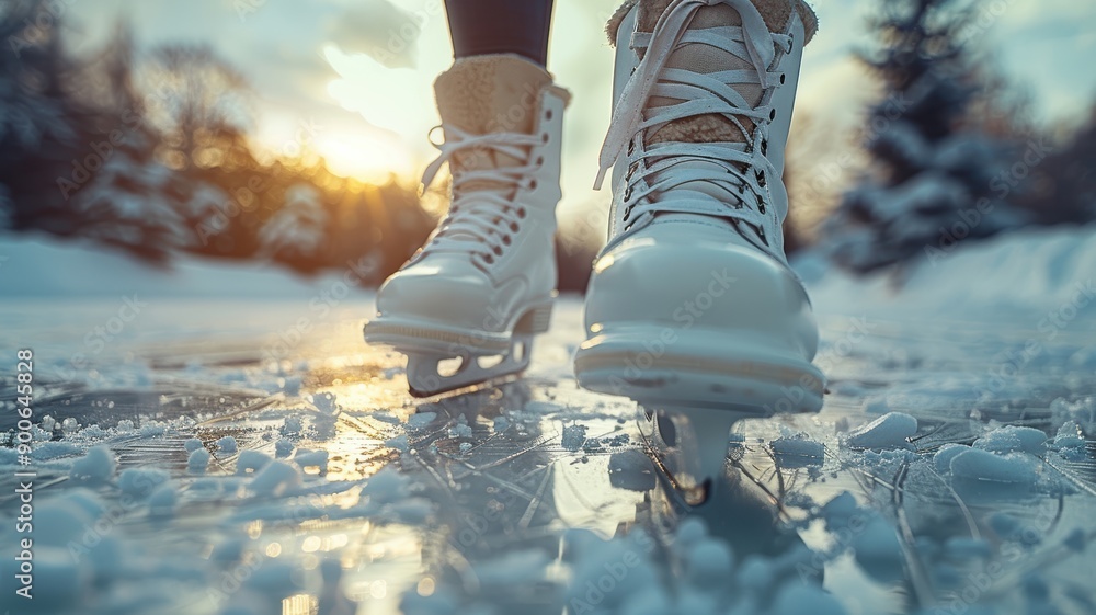 Close-up of Ice Skates on Frozen Lake at Sunset with Snowy Trees in Background - Winter Outdoor Activity and Sports Concept Close-up of Ice Skates on Frozen Lake at Sunset with Snowy Trees in Background - Winter Outdoor Activity and Sports Concept