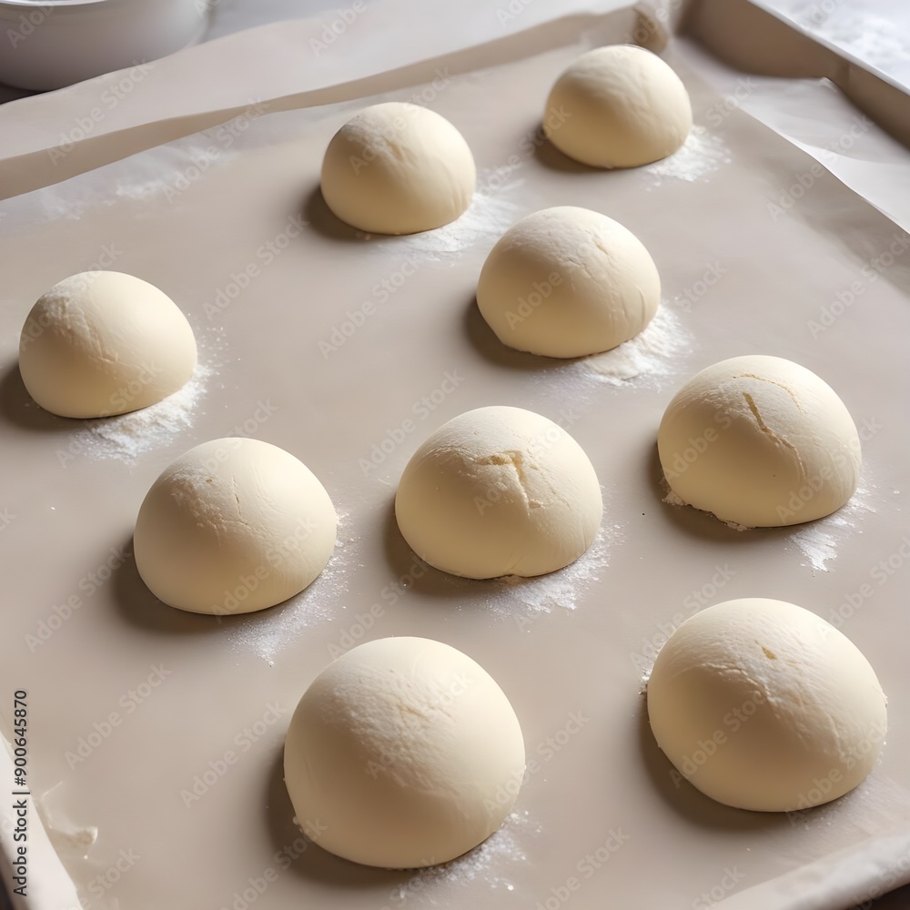 Pillowy dough balls on a floured surface, primed for proofing and eventual baking Pillowy dough balls on a floured surface, primed for proofing and eventual baking