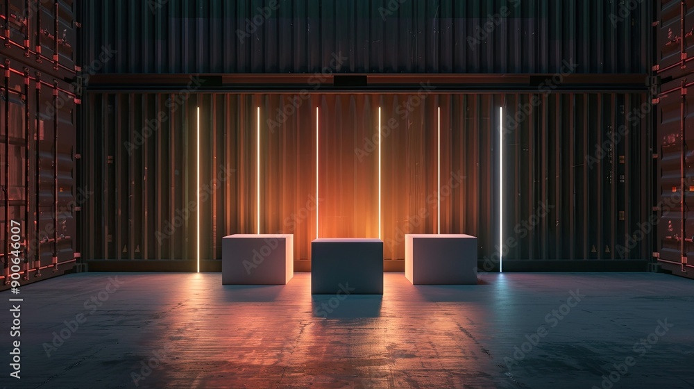 Stylish Product Display Featuring Three Square Bases With Ambient Strip Lights in Container Warehouse Stylish Product Display Featuring Three Square Bases With Ambient Strip Lights in Container Warehouse