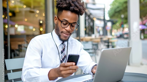 Young professional man working on a laptop and using a smartphone outdoors at a cafe while smiling and wearing glasses.