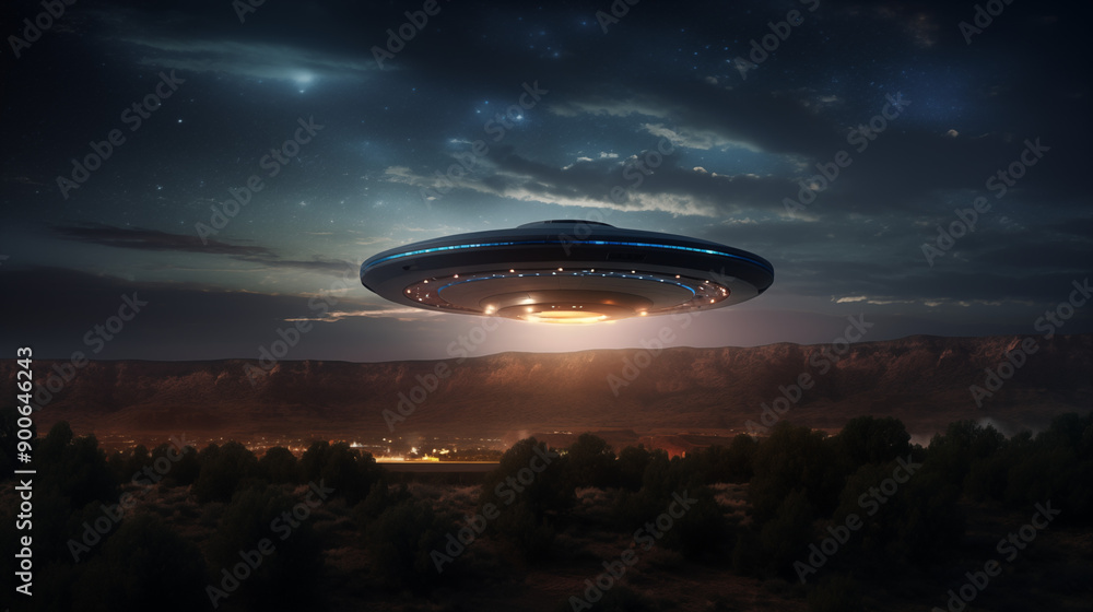 UFO Hovering Over a Small Town in a Desert Valley at Night with Starry Sky UFO Hovering Over a Small Town in a Desert Valley at Night with Starry Sky