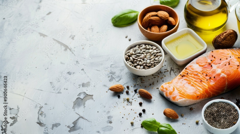 A table with a variety of food items including nuts, seeds, and fish A table with a variety of food items including nuts, seeds, and fish