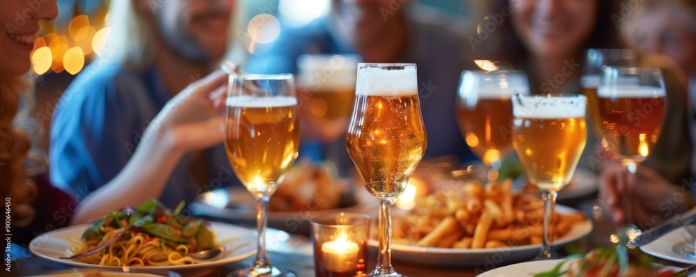 Group of friends enjoying a meal of hearty dishes and refreshing beer. Group of friends enjoying a meal of hearty dishes and refreshing beer.