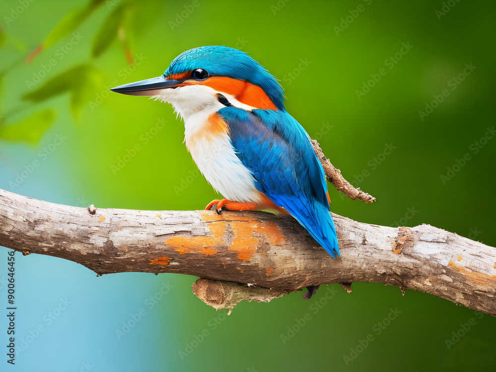 Fototapeta premium A vibrant kingfisher perches on a branch, showcasing its colorful plumage